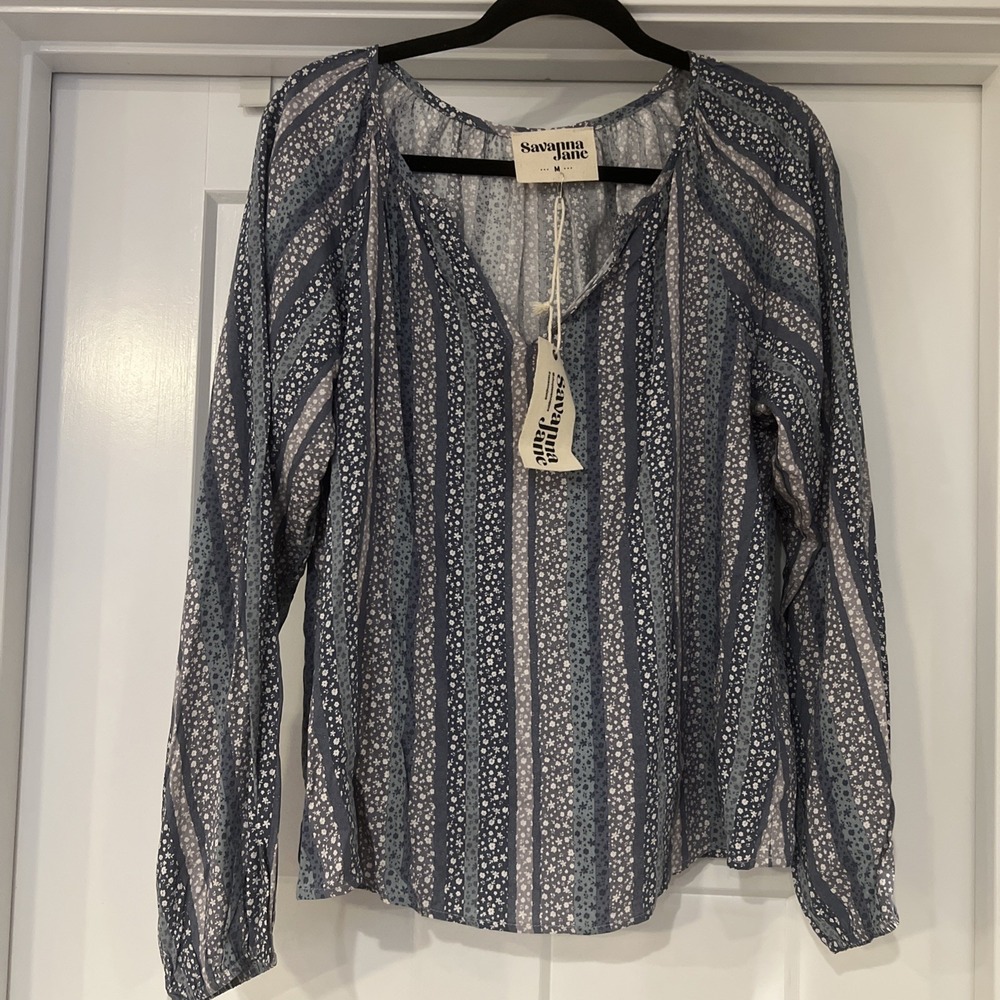 NEW Savanna Jane~M~Boutique Women's Blue Boho Peasant Top Blouse Tunic Floral
